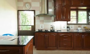 A kitchen with wooden cabinets, a stove, and a window with a view of greenery.