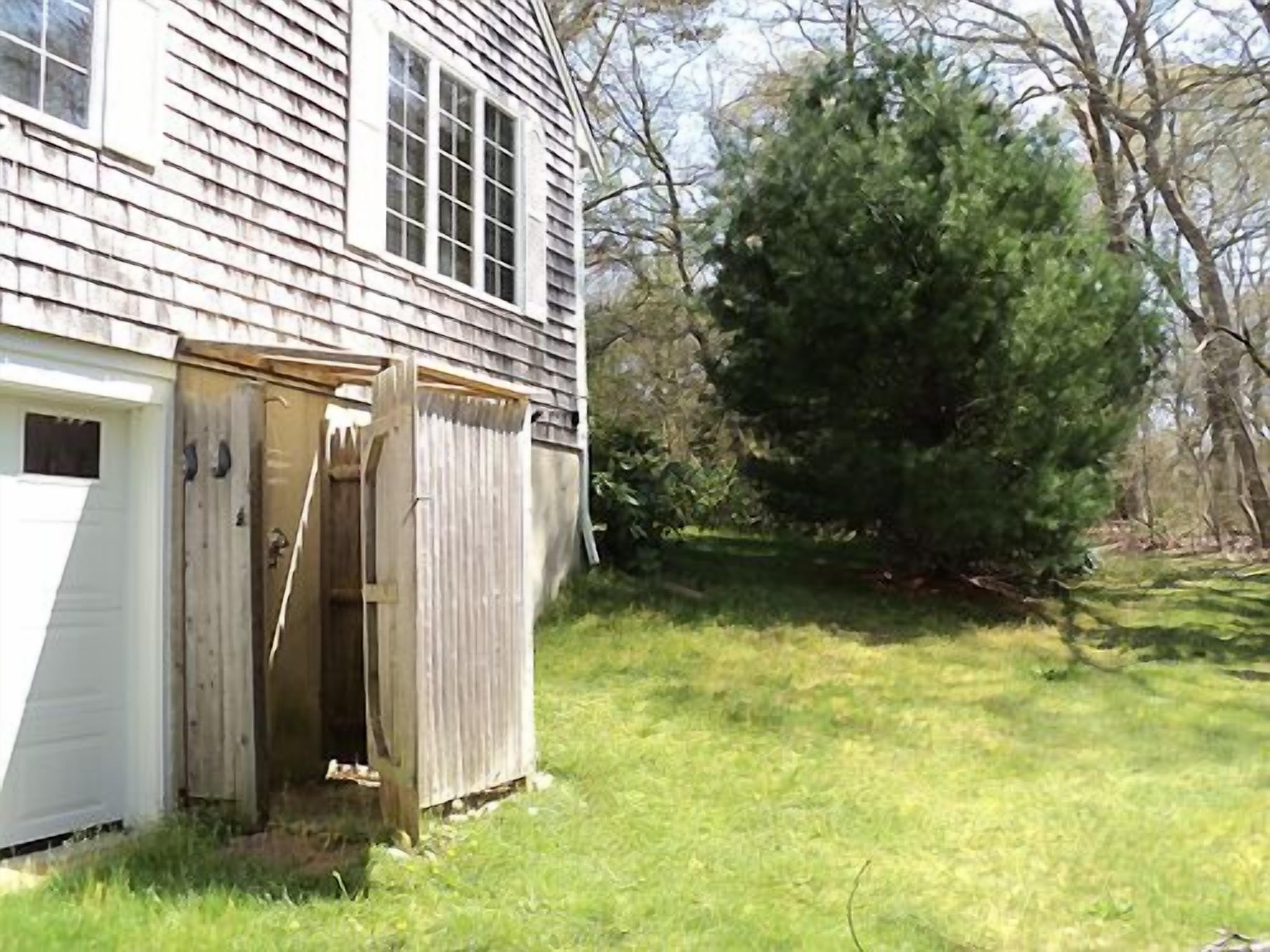 A wooden shed with a partially open door, a large evergreen tree, and a white building with a window.