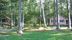 Une cabane entourée de grands arbres, située dans une zone boisée.
