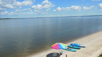 On the beach, sun-loungers, beach umbrellas, beach towels