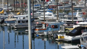 Un puerto deportivo con varias embarcaciones amarradas, incluyendo un yate blanco y una lancha azul con toldo.