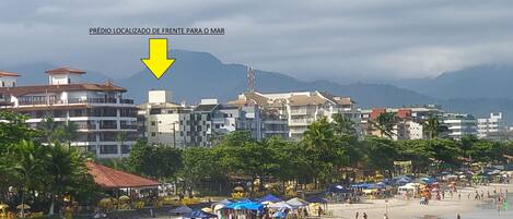 On the beach, sun-loungers
