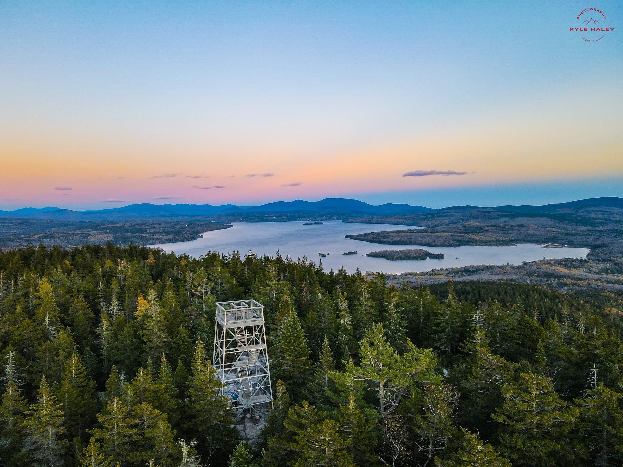 A forested landscape with a clear view of a lake and distant mountains.