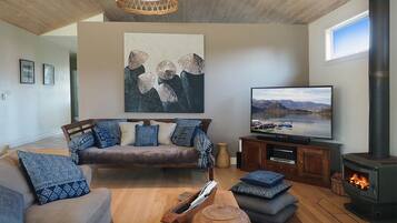Smart TV, fireplace, video games, DVD player
