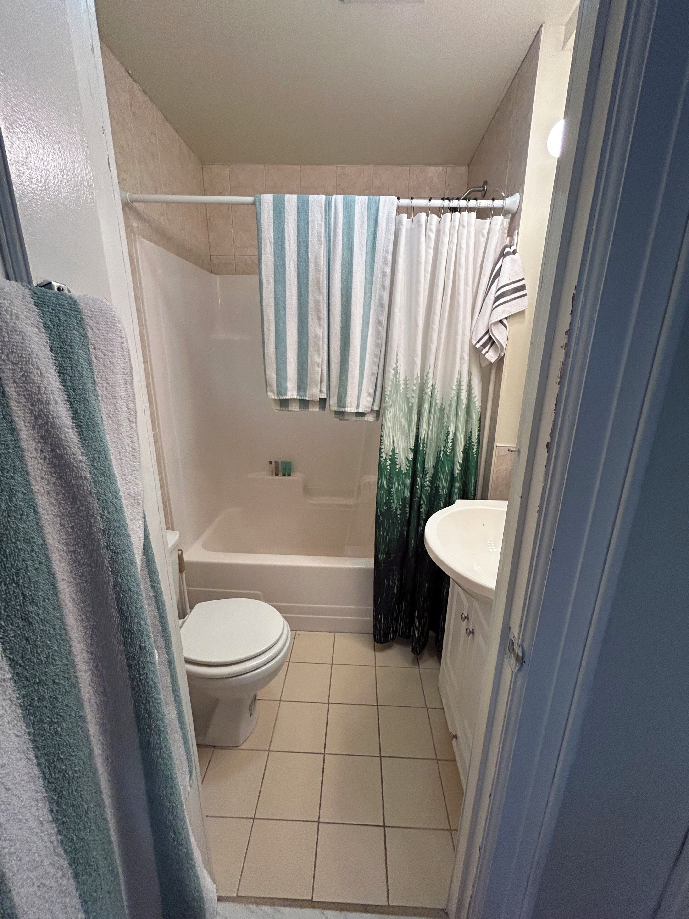 Une salle de bain avec des toilettes, une baignoire et un lavabo.