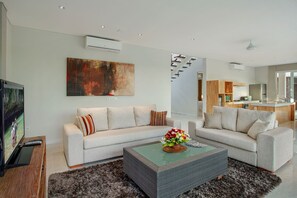 Télévision à écran plat, cheminée, lecteur de DVD, chaîne hi-fi