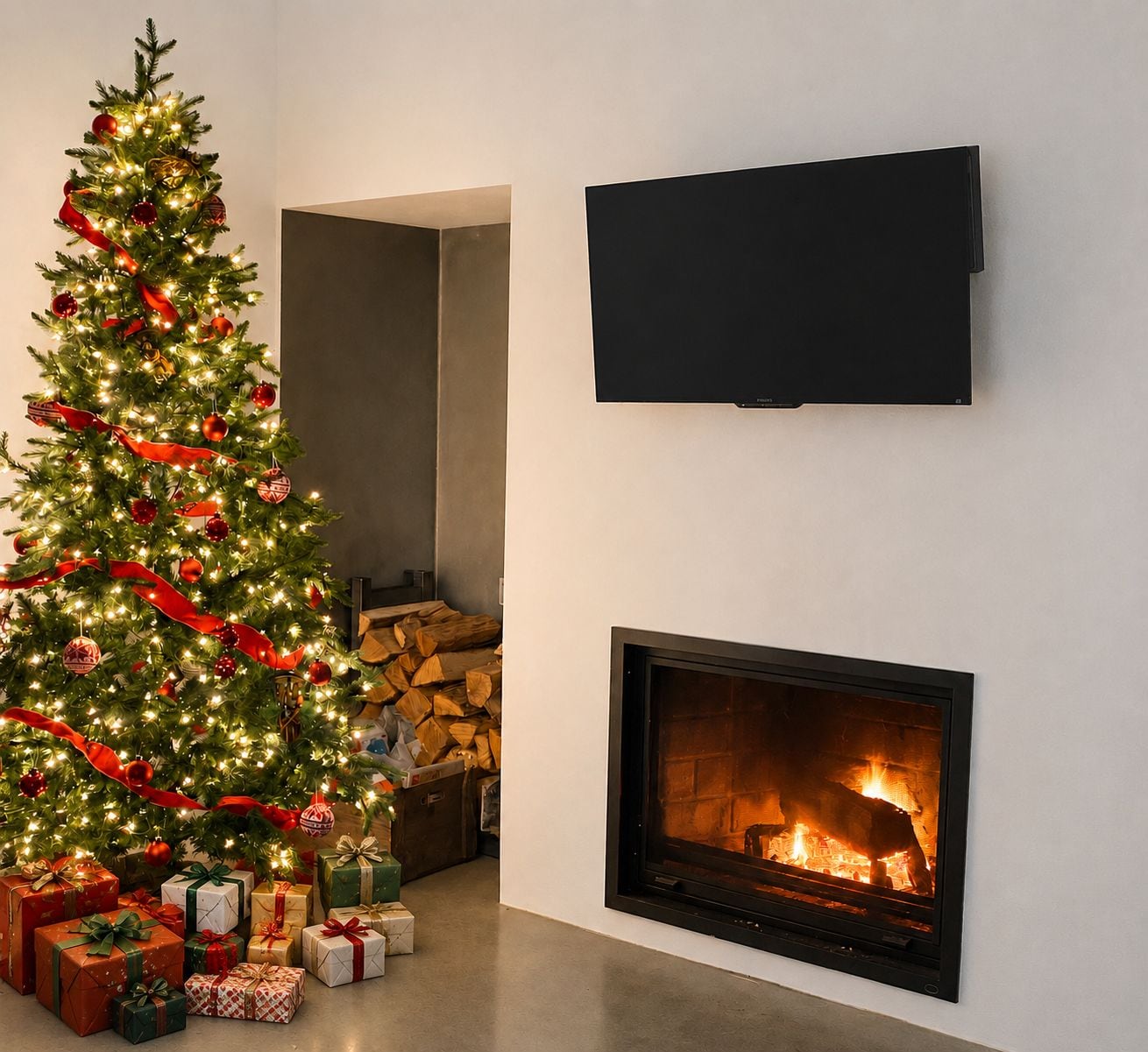 A living room with a decorated Christmas tree, a fireplace, and a flat-screen TV mounted on the wall.