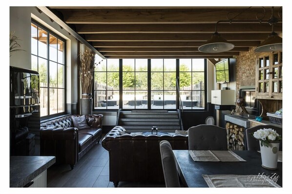 TV connectée, cheminée, lecteur de DVD, chaîne hi-fi