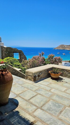 Una terraza empedrada con macetas y plantas, con vistas a un mar azul claro y a la costa rocosa.