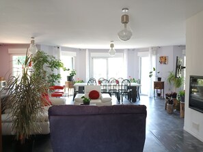 Télévision à écran plat, cheminée, livres, espaces bureaux