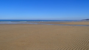 Une vaste plage de sable fin, avec des vagues douces et un ciel bleu dégagé.