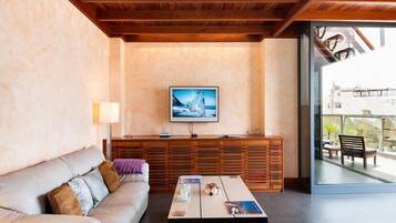 Een flatscreentelevisie, een dvd-speler, boeken en een stereo