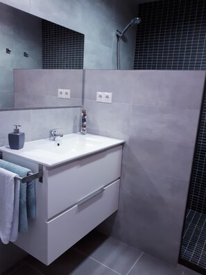 Shower, hair dryer, towels, toilet paper