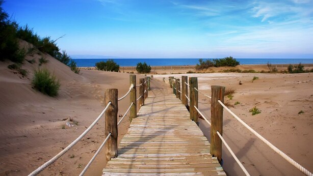 Une promenade en bois menant à une plage, avec un ciel dégagé.