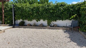 Un espace patio avec un sol en gravier, une chaise en métal et un mur recouvert de feuillage verdoyant.