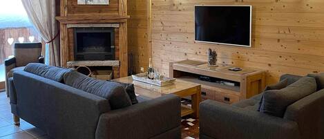 TV connectée, cheminée, lecteur de DVD