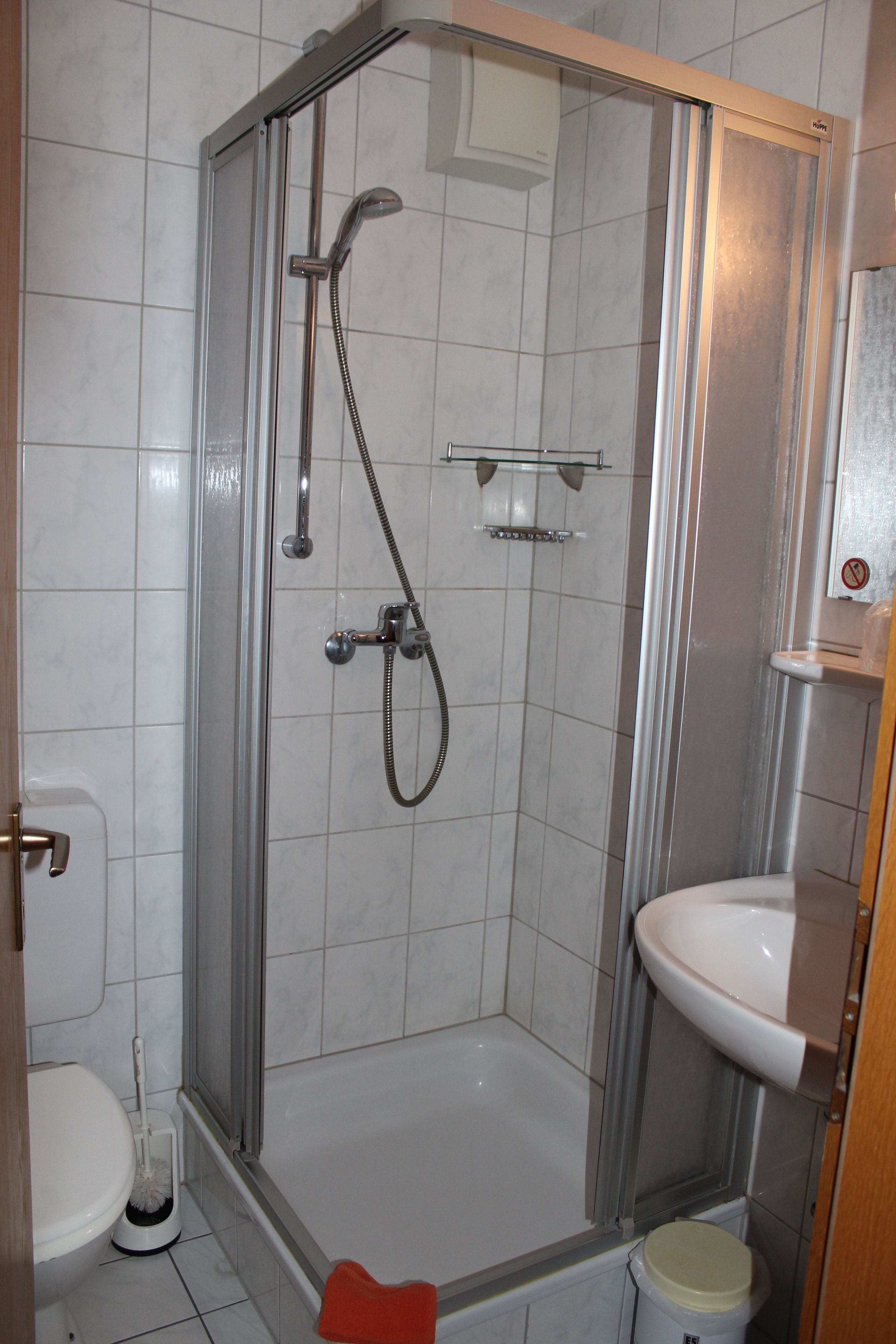 A bathroom with a glass-enclosed shower, a white sink, and a toilet.
