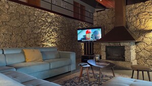 Una sala de estar moderna con una pared de piedra, un televisor de pantalla plana, una chimenea y un sofá modular.