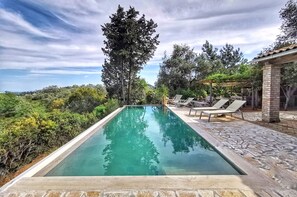 Ein rechteckiger Pool mit klarem Wasser, umgeben von Steinplatten und üppiger Bepflanzung.