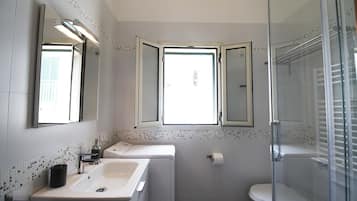 Shower, hair dryer, bidet, towels