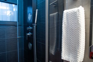 Shower, hair dryer, towels, soap