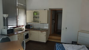 Studio, salle de bains attenante (Vierer ) | Cuisine privée | Grand réfrigérateur, micro-ondes, four