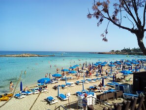 A beach with numerous blue umbrellas and sun loungers, a clear blue sea, and a rocky coastline in the background. - TWO BEDROOM 2ND FLOOR APT SLEEPS 4/5  SEA VIEWS WIFI FULL SKY PACKAGE AIR-COND8 (Paralimni)