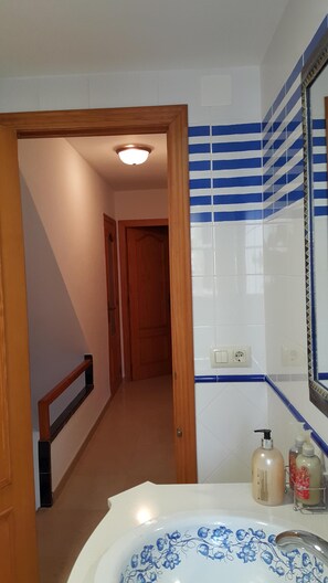 Hair dryer, towels, soap