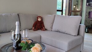 Una sala de estar con un sofá gris, una mesa de centro de madera con cubierta de vidrio, una botella de vino, dos copas de vino y un cuenco de aperitivos.
