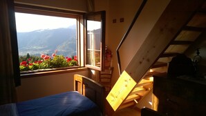 A bedroom with a bed, a window with a view of mountains, and a wooden ladder.