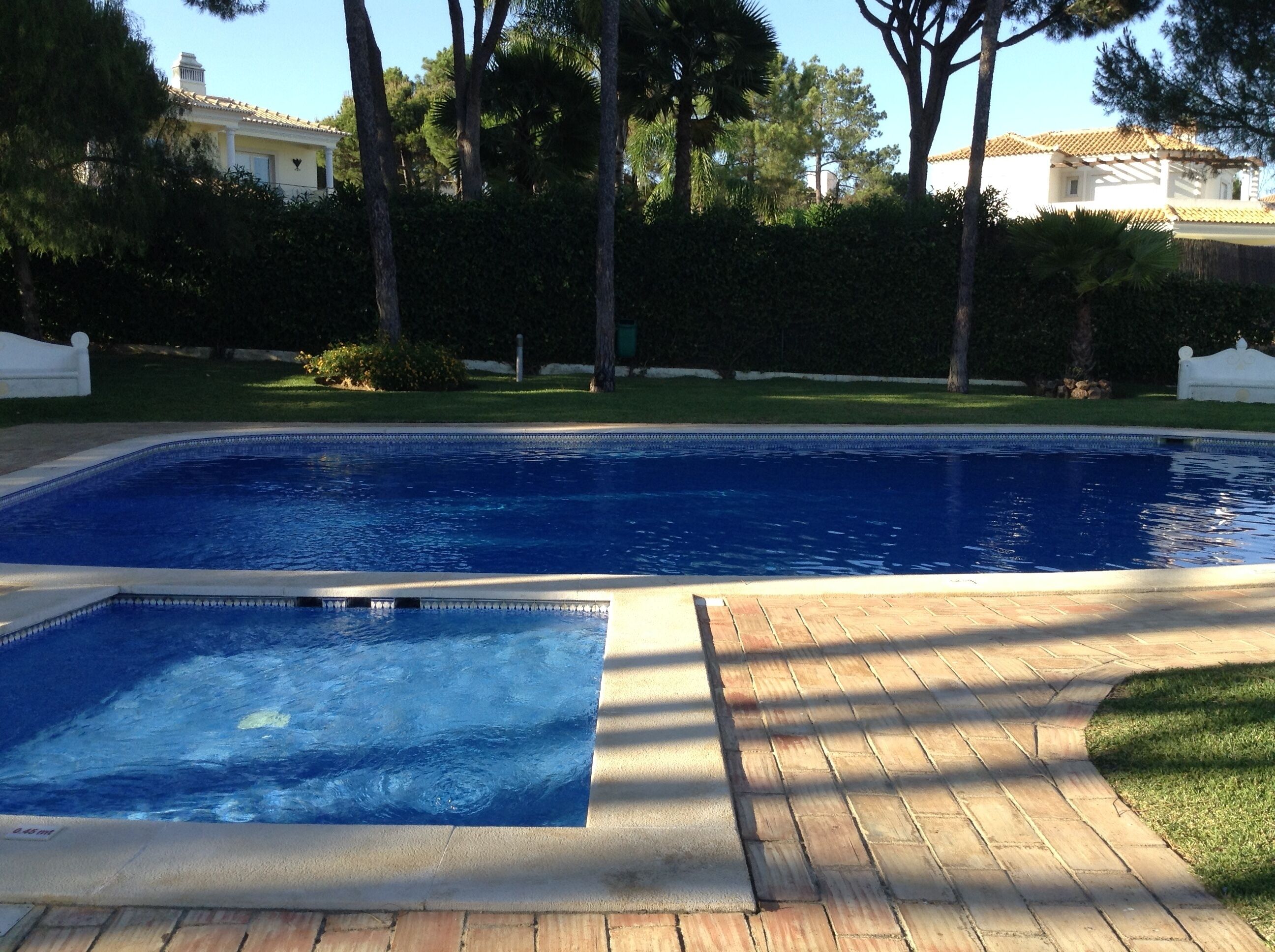 A rectangular swimming pool with a tiled deck surrounding it.