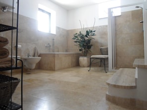 Large Bathroom with bath & shower bidet etc