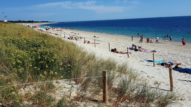 A beach with people sunbathing and swimming, a sandy shore, and a clear blue sky.