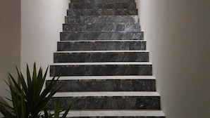 Un escalier aux marches en marbre foncé menant vers le haut, flanqué de murs sobres et orné d’une seule plante en pot à sa base.
