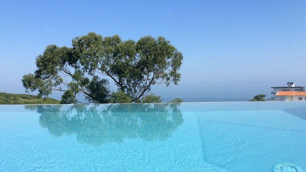 Une piscine à débordement d’un bleu éclatant, avec un arbre et un bâtiment en arrière-plan.