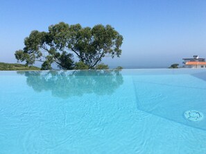 Une piscine à débordement d’un bleu éclatant, avec un arbre et un bâtiment en arrière-plan.