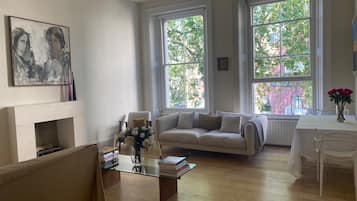 Smart TV, fireplace, books, stereo