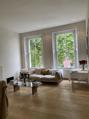 Smart TV, fireplace, books, stereo