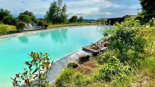 Una piscina con cubierta de madera y sillas de descanso, rodeada de vegetación y árboles.