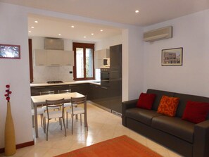 Flat-screen TV, DVD player, books, music library