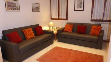 Flat-screen TV, DVD player, books, music library