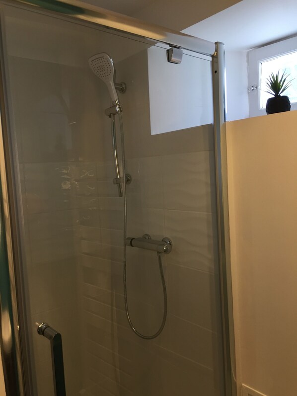 A glass-enclosed shower with a handheld showerhead and a handheld shower attachment.