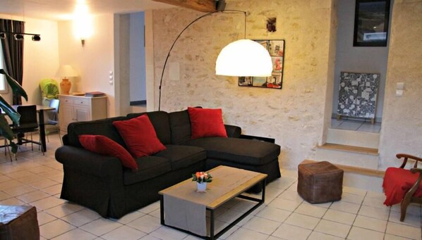 Smart TV, chimenea, reproductor de DVD, libros