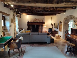 Télévision, cheminée, lecteur de DVD, livres