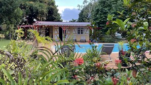 Une maison avec une piscine, entourée d’une végétation luxuriante et d’un jardin.