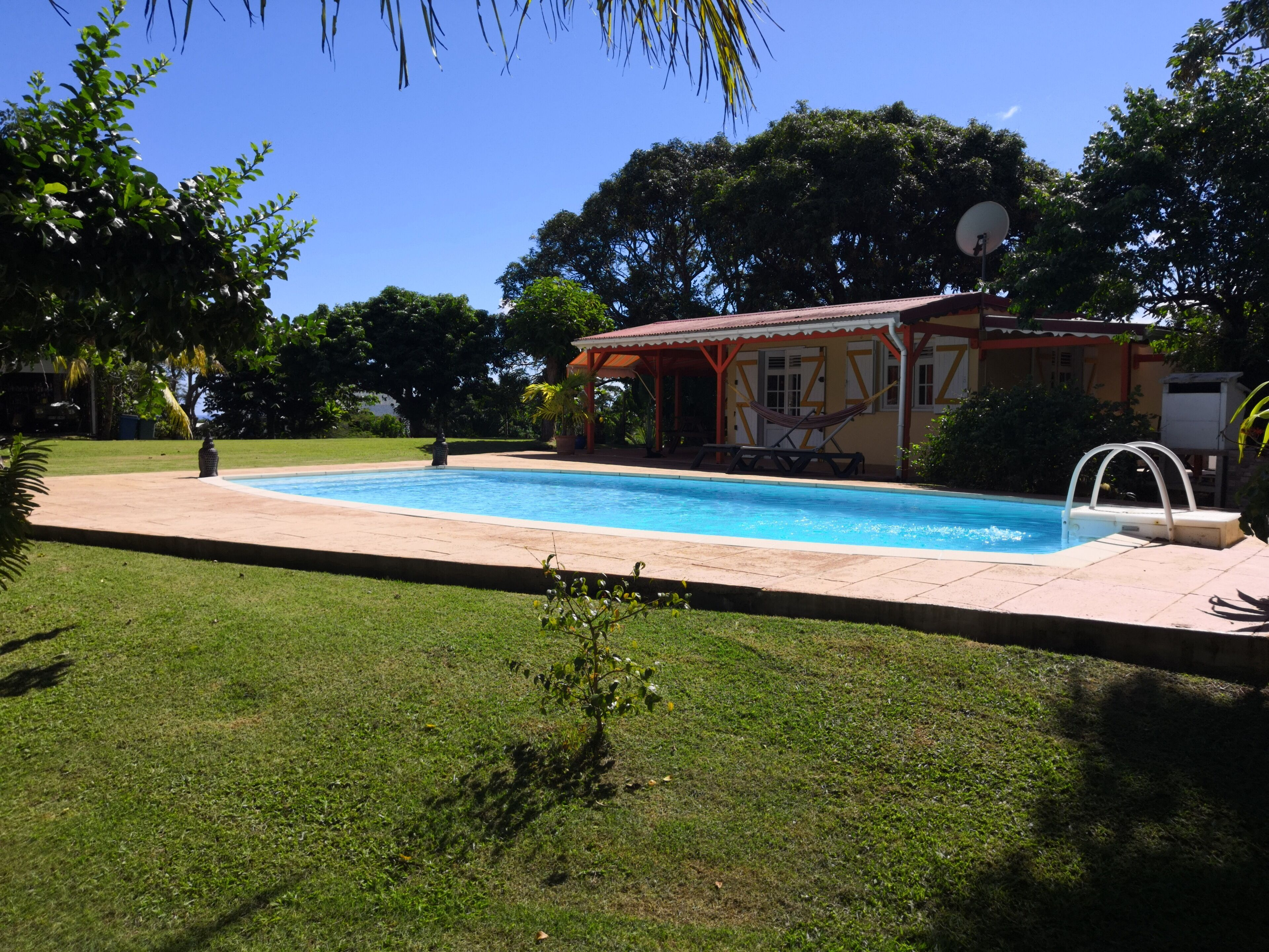 Una piscina con una hamaca y un área de estar techada, rodeada de exuberante vegetación y un cielo azul despejado.