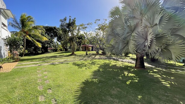 Un jardin bien entretenu, avec une variété d’arbres, un chemin pavé et un petit bâtiment en arrière-plan.