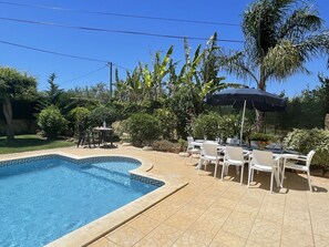 A heated pool, pool loungers