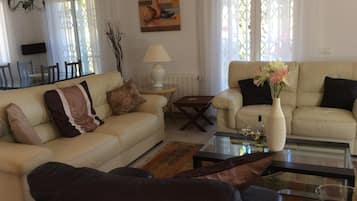 TV, caminetto, lettore DVD, libri