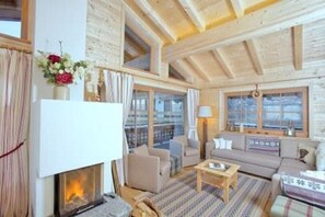 TV connectée, cheminée, lecteur de DVD, livres